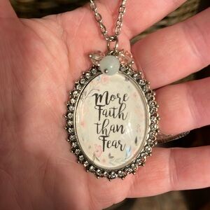 Silver Pendant Necklace with Inspirational Message More Faith Than Fear